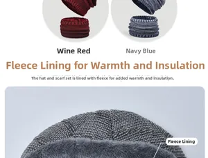 Détail de la doublure en peluche épaisse de l'ensemble bonnet tricoté et tour de cou hiver
