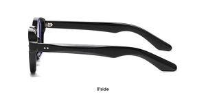 Side view detail of black round sunglasses featuring sleek temple and hinge construction