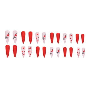 Set of 24 heart-themed matte long stiletto press-on nails in red and pink colors