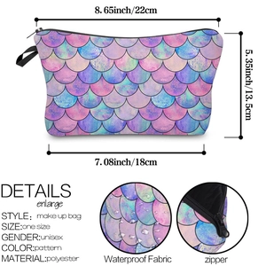 Waterproof fish scale makeup bag with top zipper and detailed 22x13.5cm dimensions
