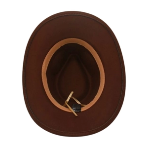 Detail view of the brown cowboy hat interior with sweatband and adjustable drawstring