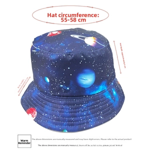 Blue galaxy bucket hat dimensions showing 55-58cm circumference and 8cm depth