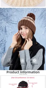 Detailed size specifications for striped winter knit beanie with fluffy pom-pom detail