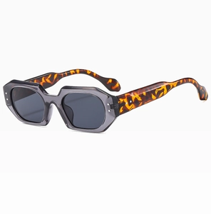 Close-up of polygon sunglasses featuring grey lenses and tortoiseshell frame detail