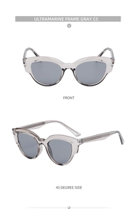 Detailed front and 45-degree side views of ultramarine cat eye sunglasses with gray lenses