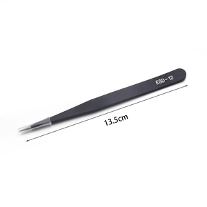 Close-up of ESD-12 black anti-static stainless steel tweezers with 13.5cm length marking