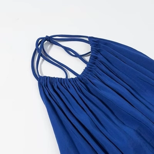 Blue halter neck midi dress with elegant draped pleats and delicate crossover straps