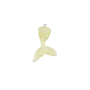 Detail of yellow translucent resin mermaid tail pendant with glitter and silver metal loop