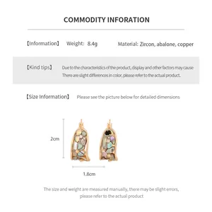 Detailed sizing chart for vintage 18K gold-plated U-shaped earrings with abalone shell and zircon