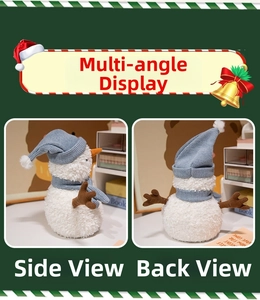 Side and back view of a plush snowman toy with blue knitted hat and scarf details