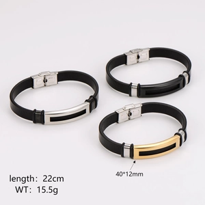 Men's minimalist black leather bracelets with stainless steel ID plates in three colors