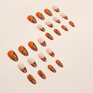 Almond-shaped orange and black butterfly wing pattern press-on nails 24pcs set