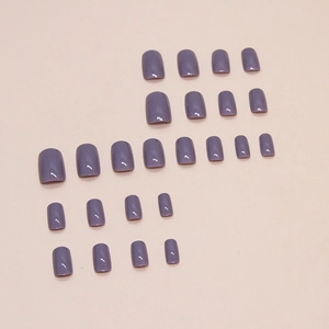 Glossy solid dark purple press-on nails in short square shape, 24-piece full manicure set