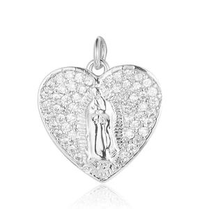 Detailed close-up of heart-shaped copper zircon Virgin Mary pendant with inlaid stones