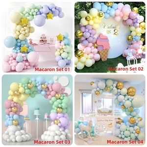 Detail view of four macaron balloon arch styles featuring pastel colors and gold stars