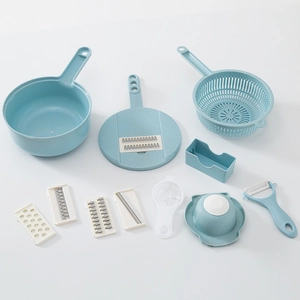 Multifunctional 10-piece light blue vegetable slicer and cutter set with drain basket