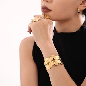 Exaggerated gold butterfly leaf open cuff bracelet and matching jewelry set for women