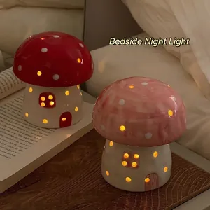 Creative ceramic mushroom night lights in red and pink with warm LED dots for cozy bedrooms