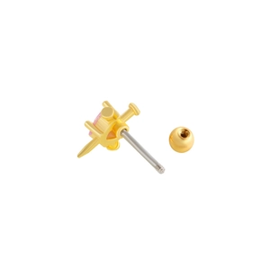 Close-up of gold ear stud featuring pink gemstone and spiral screw back mechanism