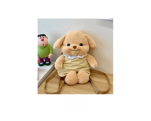 Detail view of khaki plush puppy backpack with brown straps and white lace neck collar decoration