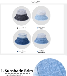 Dettaglio cappello pescatore in denim sfrangiato con colori sfumati e tesa solare da 7 cm