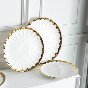 Ceramic Dinner Plate Gold Rim Scalloped Edge Nordic Style Flower Shaped Salad Dessert Steak Dish