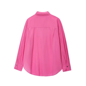Rear view of pink long sleeve button shirt showing pleated back and smooth texture
