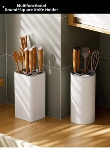 Macro detail of minimalist white kitchen knife holder and utensil organizer on countertop