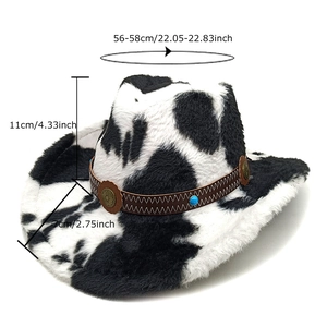 Western cow print cowboy hat with fluffy plush texture and vintage beaded leather band