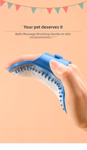 Blue silicone pet bath brush creating rich foam for gentle dog and cat cleaning