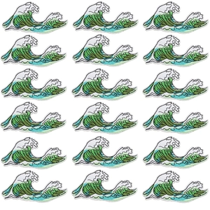 Set of 18 green ocean wave embroidered patches in a detailed 6x3 matrix layout