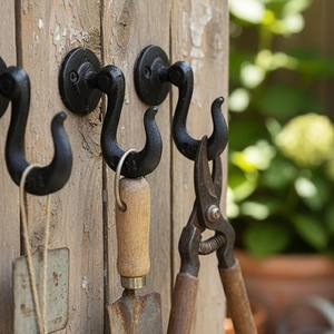 Three vintage black cast iron wall hooks mounted on rustic wood in a garden setting