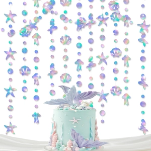 Mermaid Party Hanging Garlands Holographic Iridescent Shell Starfish Jellyfish Shapes Birthday Wedding Background Decor