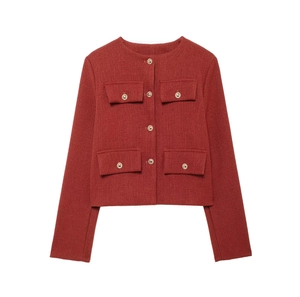 Brick red tweed jacket with gold buttons and four front pockets on white background