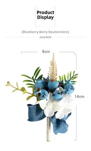 Detail view of wedding boutonniere with blue berries, white flowers, and 14cm height markers