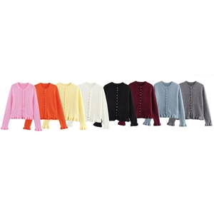 Cardigan Tricoté Femmes Col Rond Manches Longues Bordure Volants Doux Élégant Pull Boutonné Top