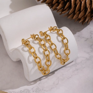 Gold stainless steel geometric chain drop earrings with sparkling diamond studs for women