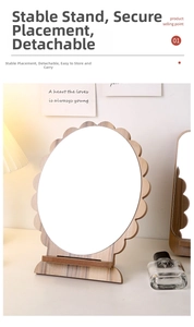 Close-up of foldable wooden vanity mirror with scalloped petal frame and stable stand