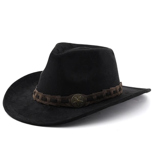 Classic black suede cowboy hat with wide brim and brown braided leather star buckle strap