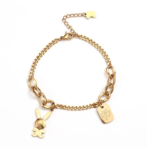Rose gold rabbit pendant bracelet with an engraved rectangular tag and link chain