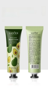Voor- en achterkant van avocado handcrème tube 30g met ingrediëntenlijst en streepjescode
