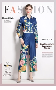 Detail of blue floral print women's set featuring a collared shirt and wide-leg trousers