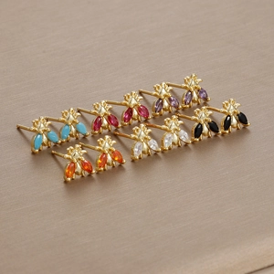 Elegant gold-plated bee earrings with colorful marquise gemstones in various vibrant shades