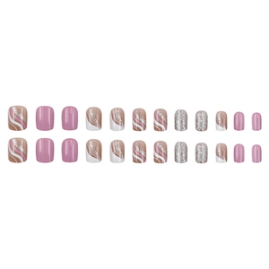 Glittery purple and wavy pattern short square press-on nails set with 24 pieces