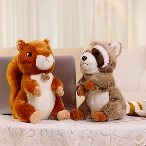 Cute plush squirrel and raccoon stuffed animals sitting in a cozy indoor setting