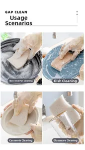 Absorbent wood pulp sponge cleaning various kitchenware like pans, bowls, and glassware