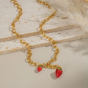 18K gold plated stainless steel chain necklace with two red strawberry charms on stone