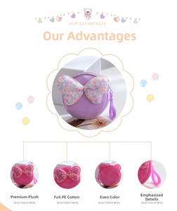 Close-up of plush bow coin purse featuring colorful sequins and plastic keyring hook