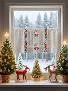 Detail of Christmas lace cafe curtain with festive bell embroidery and hollow snowflakes