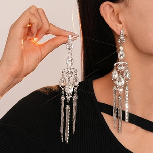 Alloy Rhinestone Long Tassel Earrings With 925 Sterling Silver Earring Post Oversized Teardrop Geometric Jewelry Women